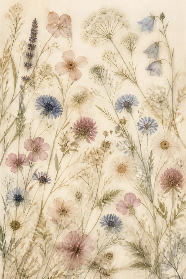 First render for: Pressed wildflowers arranged on soft cream linen, gentle botanical birthday card front