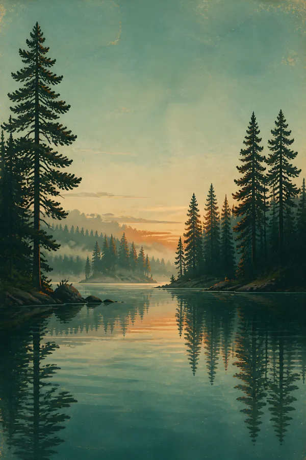 First render for: Retro travel poster of a Pacific Northwest lake at dawn, mist over pine trees, muted teal and rust palette