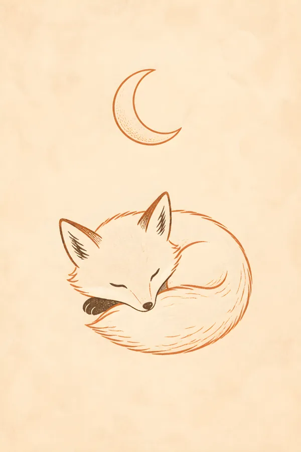 First render for: Minimalist line drawing of a sleeping fox curled under a crescent moon, warm terracotta on cream paper
